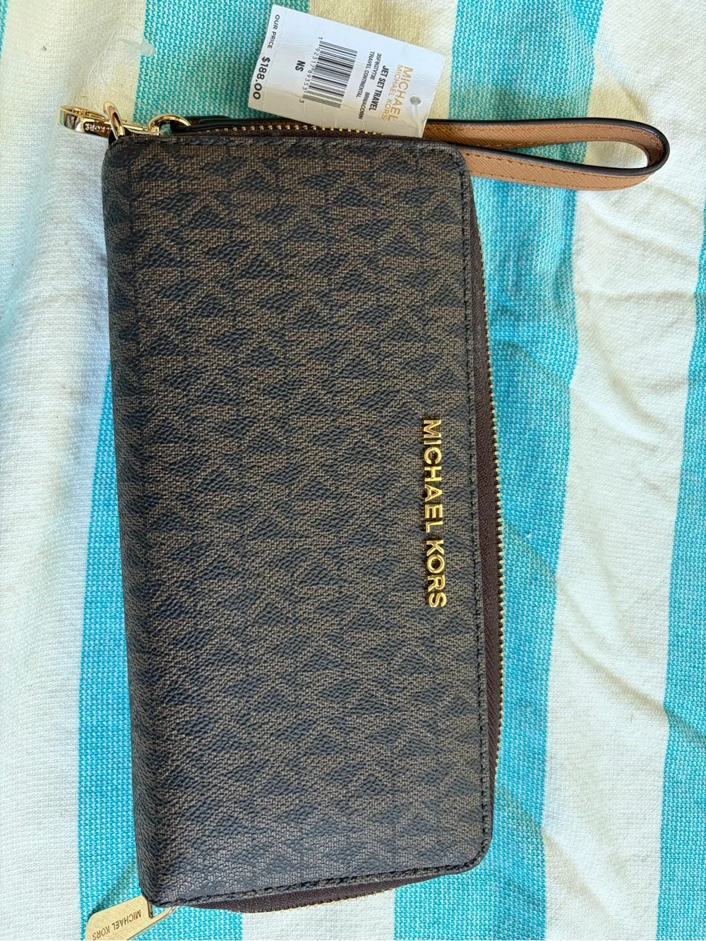 Michael Kors Brown Logo-Print Zip Wristlet with Gold Hardware